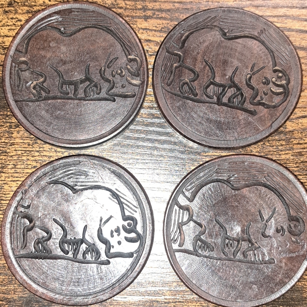Set Of 4 Wooden Hand Carved Rhino Coasters Vintage African Carved Home Drinks